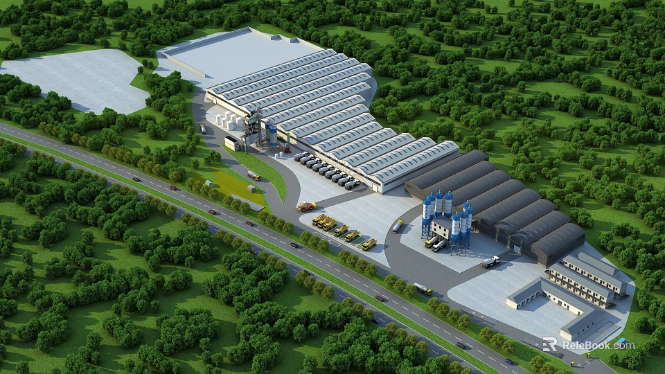 Large Modern Industrial Factory Building With Parking Area Surrounded By Trees 3d model 