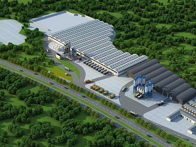 Large Modern Industrial Factory Building With Parking Area Surrounded By Trees 3d model