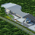 Large Modern Industrial Factory Building With Parking Area Surrounded By Trees 3d model