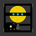Black Frame Cube Structure With Yellow Circular Object Blue Dots And Mechanical Components