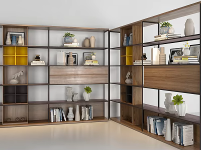 Modern Bookcase Design With Multiple Shelves Books Decorative Vases And Plants 3d model