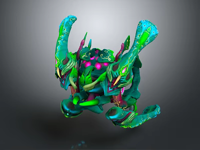 Mythical Biomechanical Creature Character with Green Blue Tentacles and Pink Glowing Details 3d model