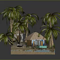 Tropical Island Scene With Palm Trees Hut And Blue Water Pool