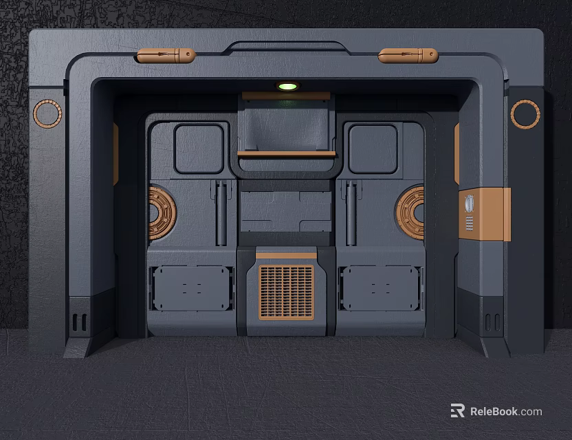 Sci Fi Themed Doorway With Metallic Gray Panels Orange Accents And Green Indicator Light 3d model 