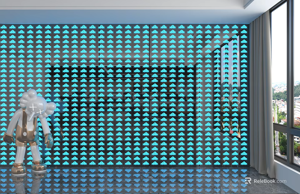 Blue And White Fan Patterned Background Wall In Interior Space With Window And Decorative Lamp 3d model 