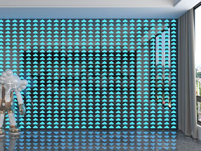Blue And White Fan Patterned Background Wall In Interior Space With Window And Decorative Lamp 3d model