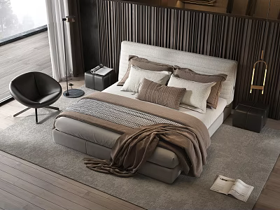 Modern Background Double Bed Interior With Headboard Pillows Blanket Nightstand Chair Rug And Wooden Wall 3d model