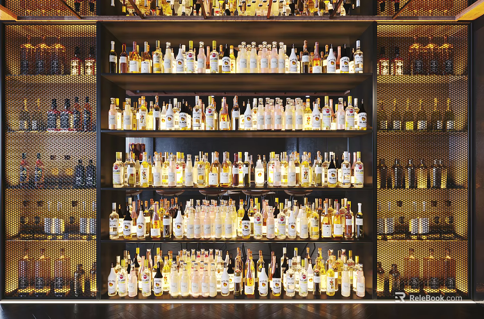 Liquor Cabinet With Multiple Shelves Filled With Various Wine And Whiskey Bottles 3d model 