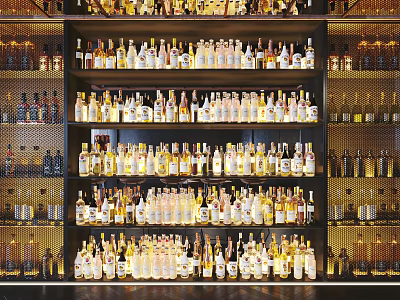 Liquor Cabinet With Multiple Shelves Filled With Various Wine And Whiskey Bottles 3d model