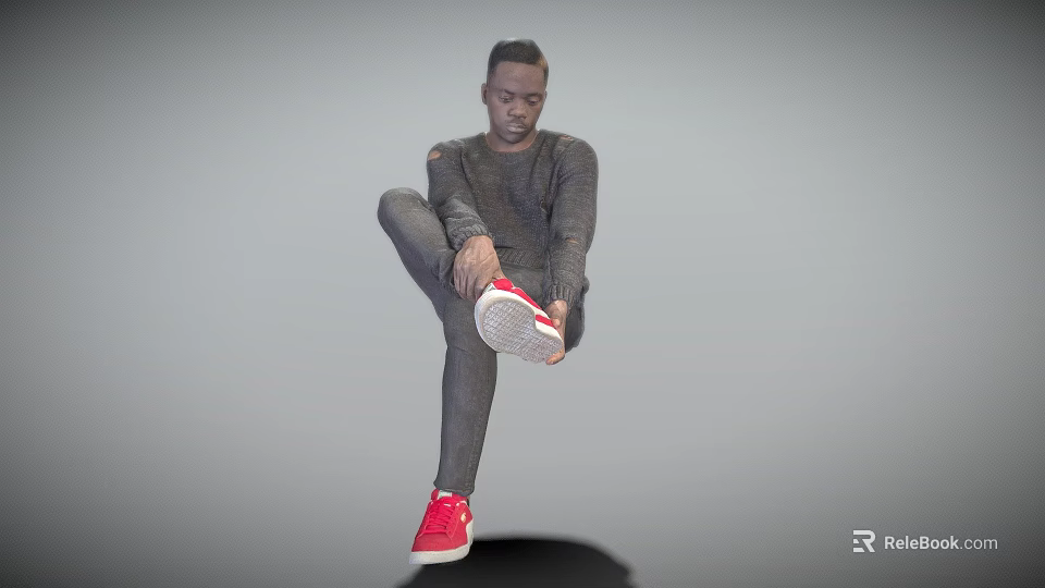 Man wearing gray long sleeve and gray pants lifting one leg to adjust red sneakers 3d model 
