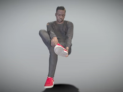 Man wearing gray long sleeve and gray pants lifting one leg to adjust red sneakers 3d model