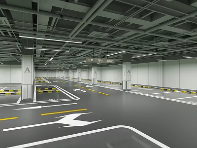 Modern Parking Garage Interior With Gray Floor White Arrows Yellow Lines And Ceiling Beams 3d model