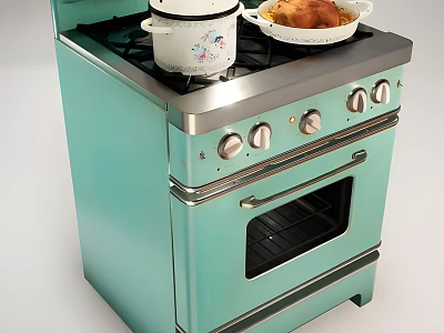 Vintage Turquoise Stove With Pots And Baked Food Classic Cooking Appliance 3d model