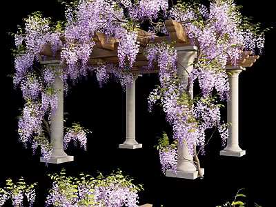 Elegant Pergola Adorned with Purple Wisteria Blooms and White Columns 3d model