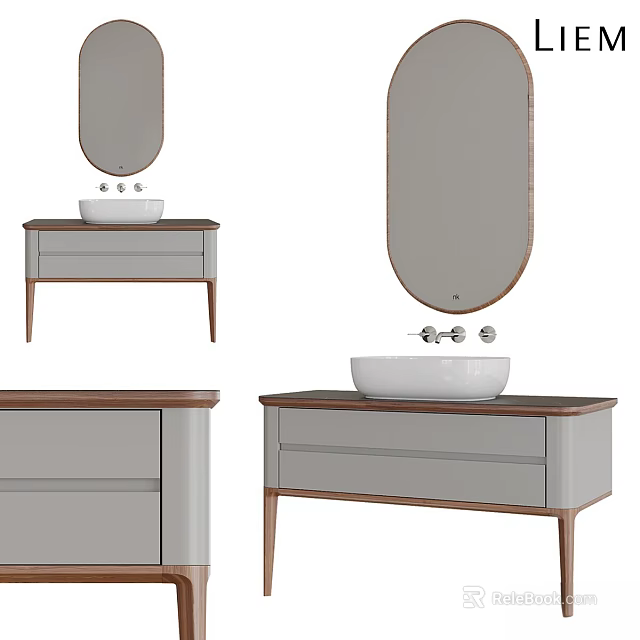 Modern Bathroom Vanity with Wooden Frame Gray Countertop and Oval Mirror Design 3d model 