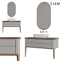 Modern Bathroom Vanity with Wooden Frame Gray Countertop and Oval Mirror Design