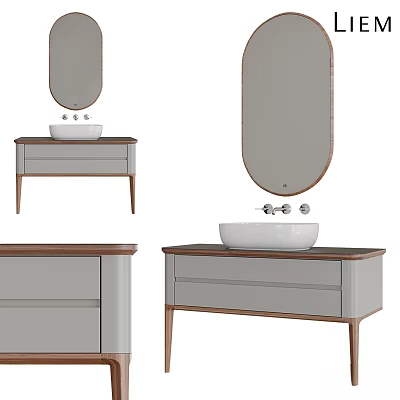 Modern Bathroom Vanity with Wooden Frame Gray Countertop and Oval Mirror Design 3d model