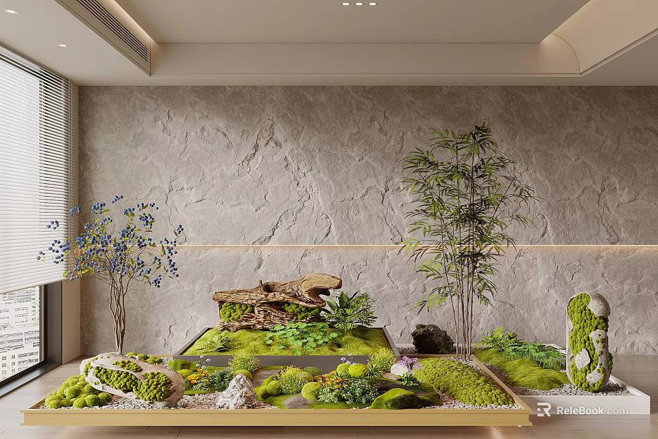 Indoor Garden Landscape With Moss Green Plants Stones Bamboo Driftwood And Decorative Tray 3d model 