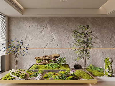 Indoor Garden Landscape With Moss Green Plants Stones Bamboo Driftwood And Decorative Tray 3d model