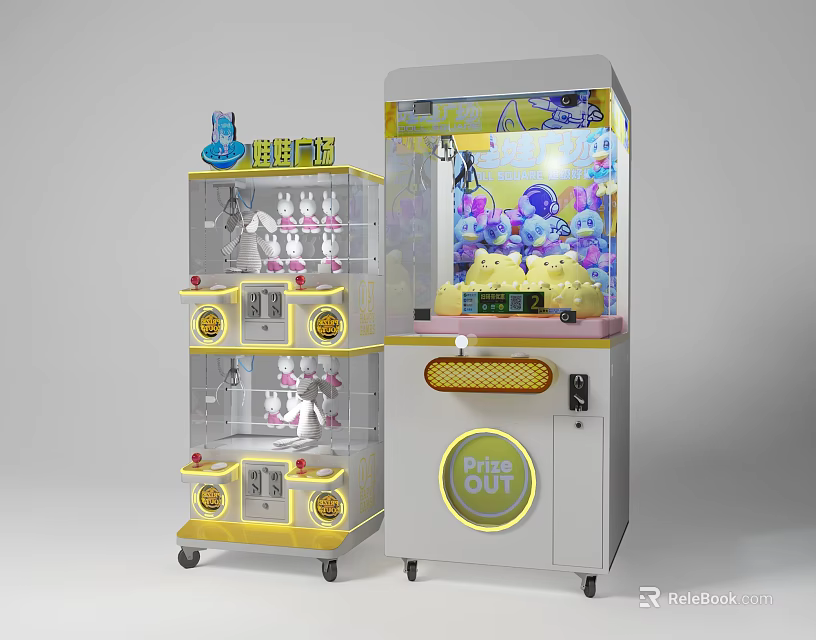 Claw Machine with Layered Transparent Windows Pink Rabbit SpongeBob Stuffed Toys Yellow Decorations And Wheels 3d model 