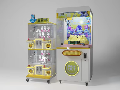Claw Machine with Layered Transparent Windows Pink Rabbit SpongeBob Stuffed Toys Yellow Decorations And Wheels 3d model