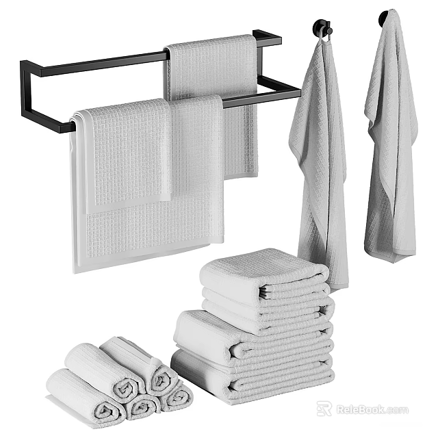 Soft Absorbent Cotton Towel Set Hanging On Rack And Stacked In Bathroom 3d model 