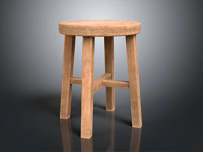 Natural Wooden Stool With Round Seat Four Legs And Simple Design 3d model