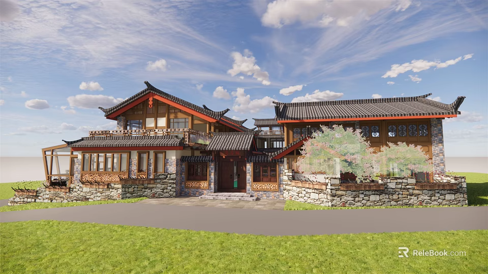 Traditional Ancient Architecture Featuring Tiled Roof Overhanging Eaves Wooden Frames And Stone Walls 3d model 