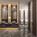 Modern Public Restroom With Marble Walls Washbasins Mirrors And Urinal Stalls