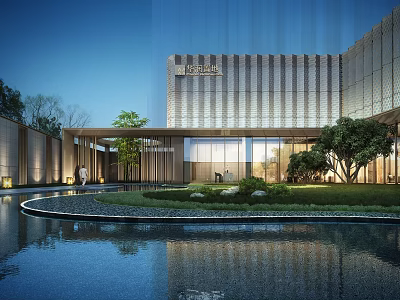 Modern Hotel Building With Glass Facade Reflection Pool And Landscaped Garden Trees 3d model