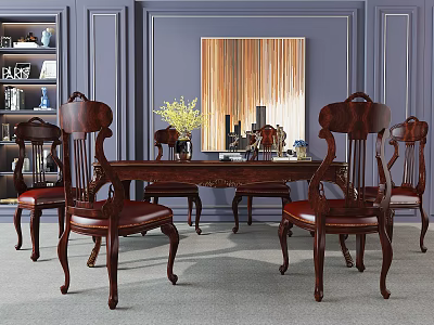 Elegant Dark Wooden Desk with Carved Design Vase Decorations and Blue Wall 3d model