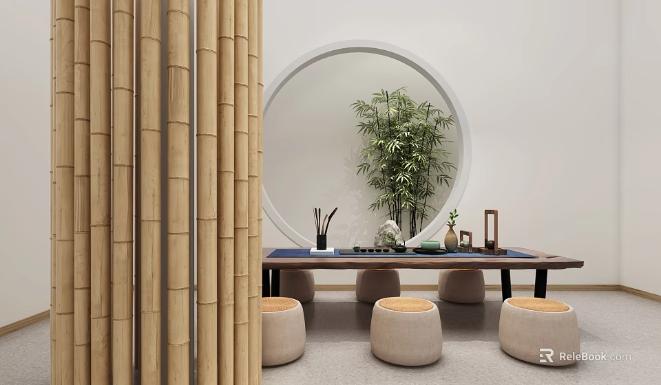 Traditional Tea Table with Stools Bamboo Screen Circular Mirror Bamboo Plant and Tea Set 3d model