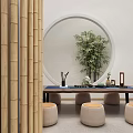 Traditional Tea Table with Stools Bamboo Screen Circular Mirror Bamboo Plant and Tea Set 3d model