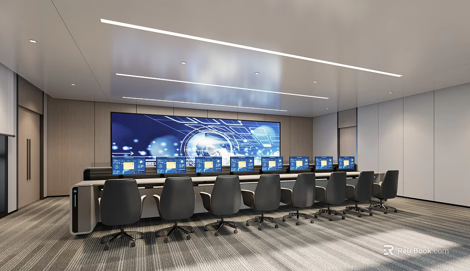 Modern Security Control Room Featuring Large Monitoring Screen Multiple Computer Monitors And Office Chairs 3d model 