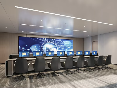 Modern Security Control Room Featuring Large Monitoring Screen Multiple Computer Monitors And Office Chairs 3d model