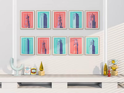Wall Decor Featuring Pink Blue Architectural Prints and White Shelf with Cactus Clock Books 3d model