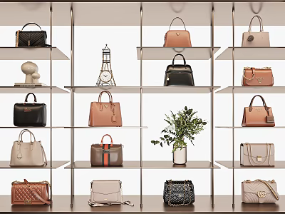 Stylish Fashion Bags Displayed On Shelves With Various Colors Styles And Decorative Plants 3d model