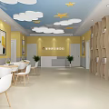 Kindergarten Interior With Yellow Walls Blue Ceiling Cloud Star Decorations White Tables Chairs Bookshelves