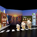 Colorful Cartoon Style Street Scene with Storefronts Ice Cream Characters and Sunset Photo Spot