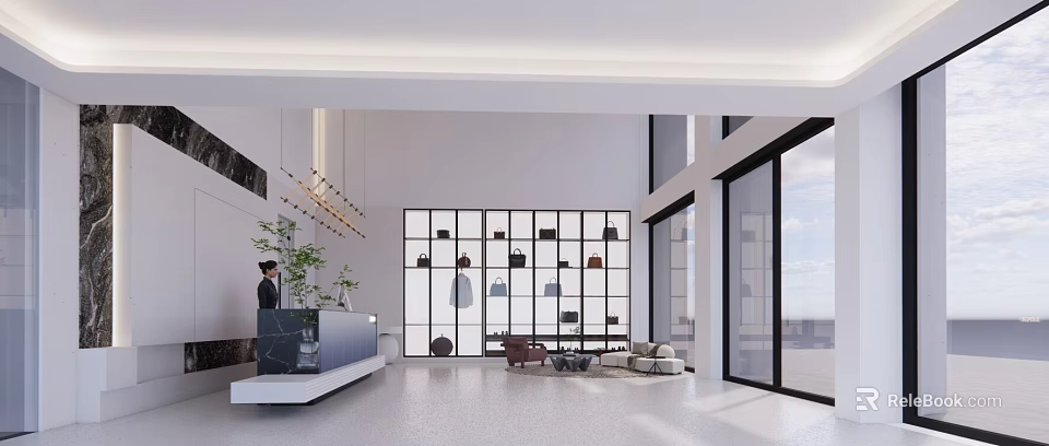 Modern Mall Counter Interior With Display Shelves Bags And Decorative Lighting 3d model 
