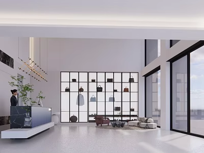 Modern Mall Counter Interior With Display Shelves Bags And Decorative Lighting 3d model