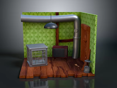 Vintage Room Corner With Green Patterned Wallpaper Silver Pipes Wooden Floor Metal Cage Radio Lantern 3d model
