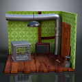 Vintage Room Corner With Green Patterned Wallpaper Silver Pipes Wooden Floor Metal Cage Radio Lantern