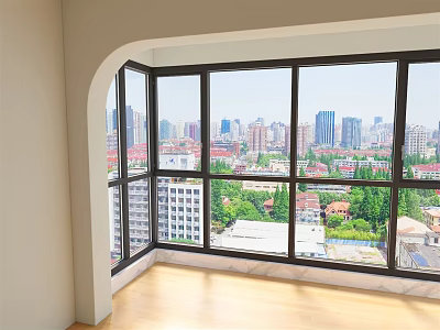 Modern Casement Windows In Room With City Skyline Green Trees And Sunlight 3d model