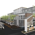 Modern Commercial Street Featuring Multi Story Buildings Outdoor Seating Trees And Terraces