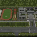 Spacious School Campus With Classroom Buildings Football Field Running Track Green Spaces And Front Road
