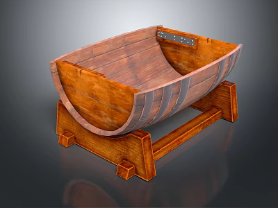 Wooden Barrel Shaped Tub With Metal Hoops On Wooden Stand Design 3d model