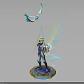 Mythical Warrior Figure With Small Flying Creature Blue Glowing Wings Golden Accents Illuminated Base