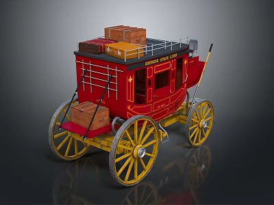 Vintage Red Stagecoach with Stacked Luggage on Roof Yellow Wheels and Classic Design 3d model