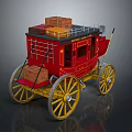 Vintage Red Stagecoach with Stacked Luggage on Roof Yellow Wheels and Classic Design